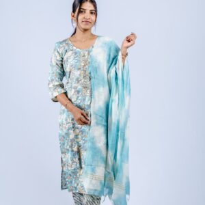 Light blue floral-printed straight kurta