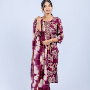 Maroon-Purple with Beige Floral Print & Tie-Dye