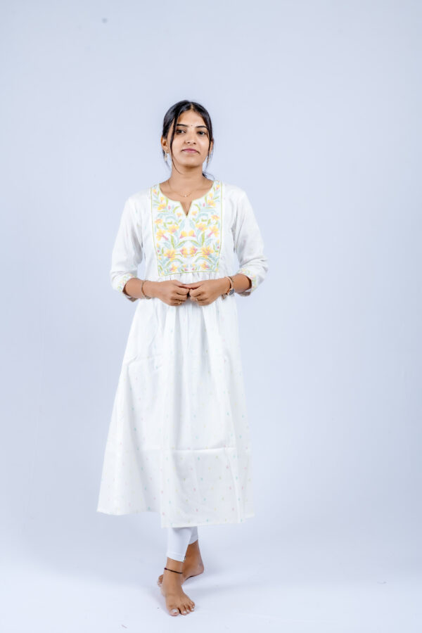 White Multicolor floral threadwork on the yoke