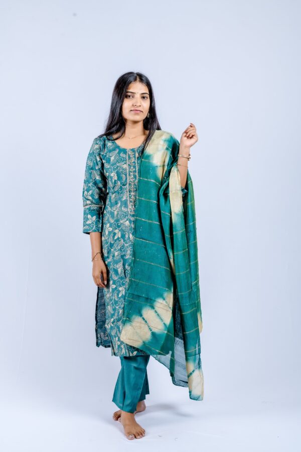 Teal Green Kurta & Pants with Teal-Cream Tie-Dye Dupatta and Golden Highlights. - Image 3