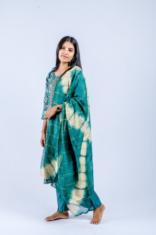 Teal Green Kurta & Pants with Teal-Cream Tie-Dye Dupatta and Golden Highlights. - Image 4