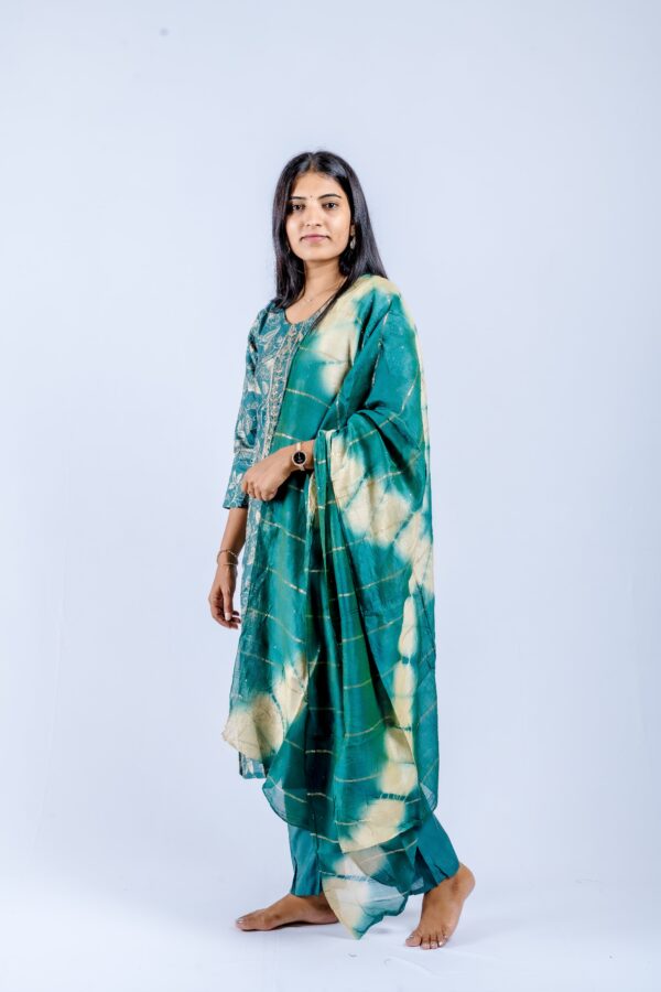 Teal Green Kurta & Pants with Teal-Cream Tie-Dye Dupatta and Golden Highlights. - Image 5