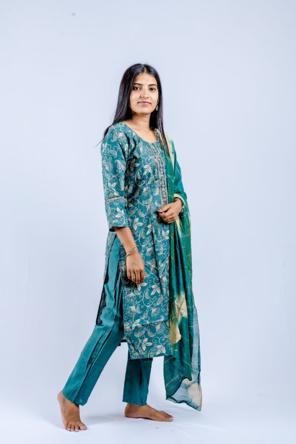 Teal Green Kurta & Pants with Teal-Cream Tie-Dye Dupatta and Golden Highlights. - Image 6
