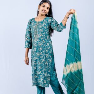 Teal Green Kurta & Pants with Teal-Cream Tie-Dye Dupatta and Golden Highlights.
