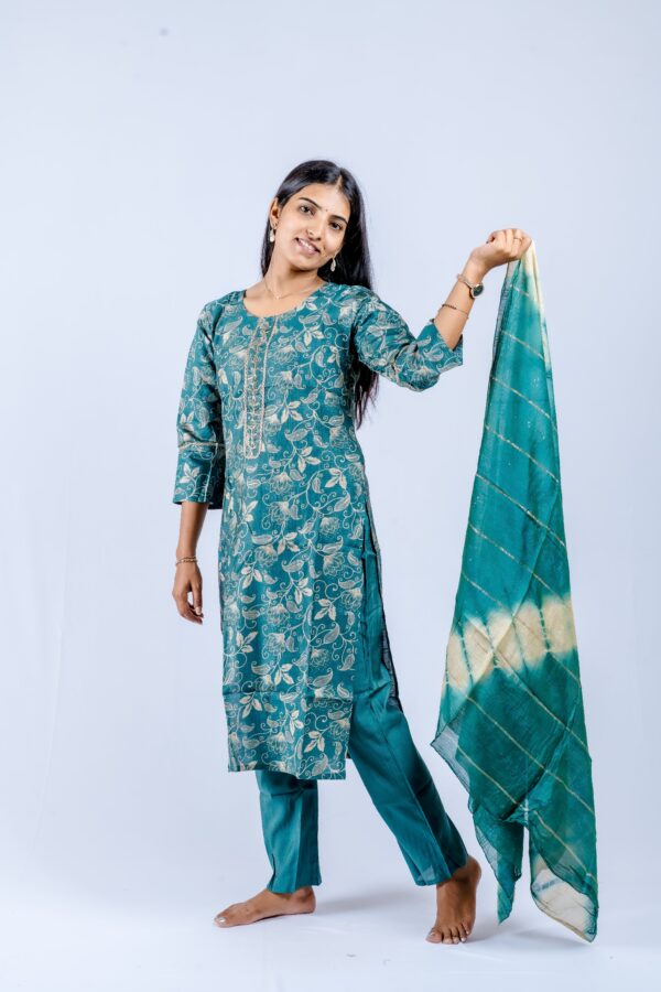 Teal Green Kurta & Pants with Teal-Cream Tie-Dye Dupatta and Golden Highlights.