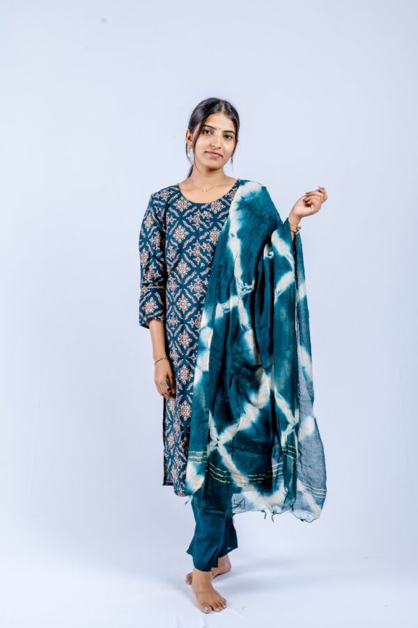 Indigo Blue Printed Cotton Suit Set with Tie-Dye Dupatta - Image 2