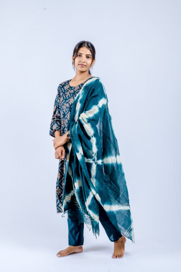 Indigo Blue Printed Cotton Suit Set with Tie-Dye Dupatta - Image 3