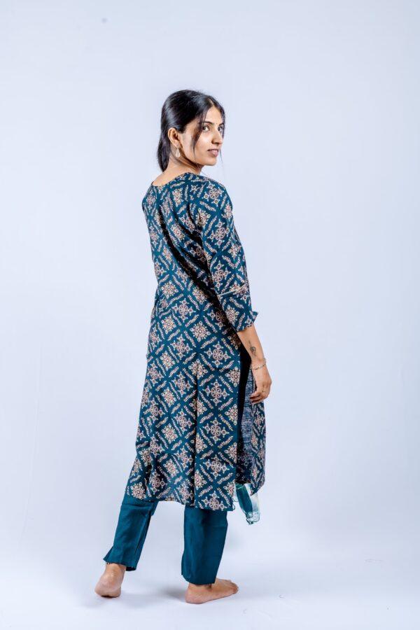 Indigo Blue Printed Cotton Suit Set with Tie-Dye Dupatta - Image 5