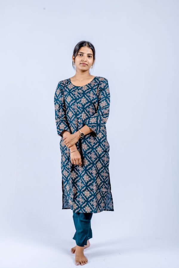 Indigo Blue Printed Cotton Suit Set with Tie-Dye Dupatta - Image 6
