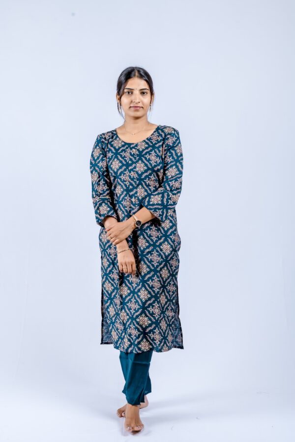 Indigo Blue Printed Cotton Suit Set with Tie-Dye Dupatta