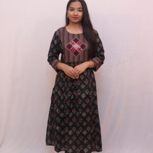 Elegant Black Printed Kurta with Embroidered Yoke