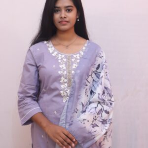 Lavender with white embroidery straight-cut suit set