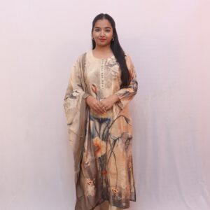 Beige with Multicolour Abstract Print — featuring shades of brown, rust, grey, and subtle blue accents.
