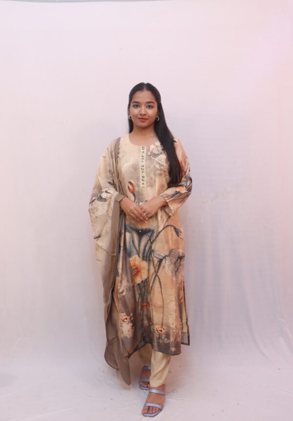 Beige with Multicolour Abstract Print — featuring shades of brown, rust, grey, and subtle blue accents.