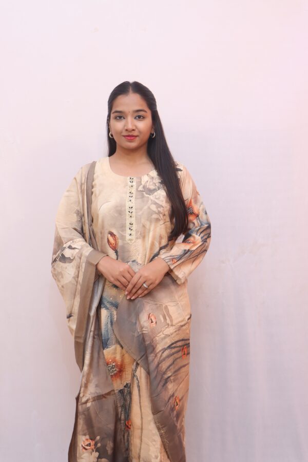 Beige with Multicolour Abstract Print — featuring shades of brown, rust, grey, and subtle blue accents. - Image 3