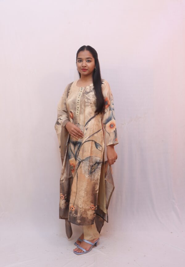 Beige with Multicolour Abstract Print — featuring shades of brown, rust, grey, and subtle blue accents. - Image 4