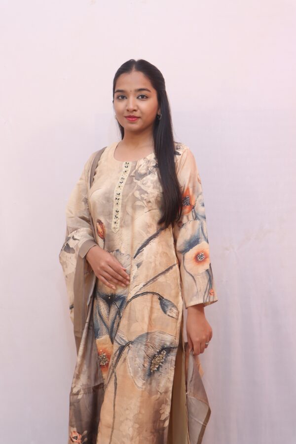 Beige with Multicolour Abstract Print — featuring shades of brown, rust, grey, and subtle blue accents. - Image 5