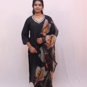 Black Floral Printed Suit Set with Dupatta a flattering V-neckline