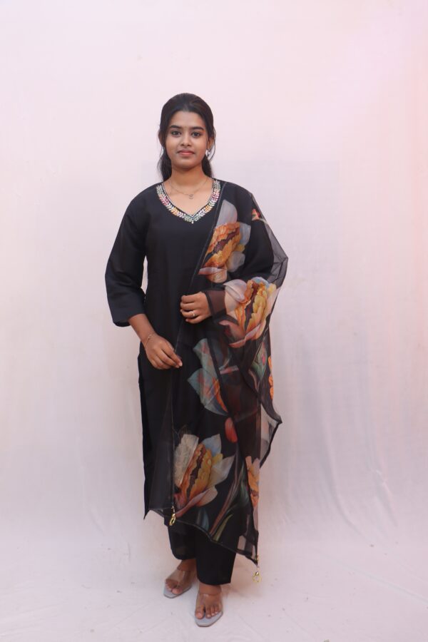 Black Floral Printed Suit Set with Dupatta a flattering V-neckline