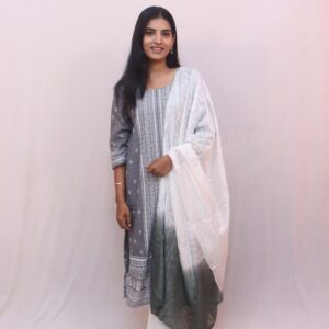 Grey Printed Kurta Set with White Pants & Ombre Dupatta