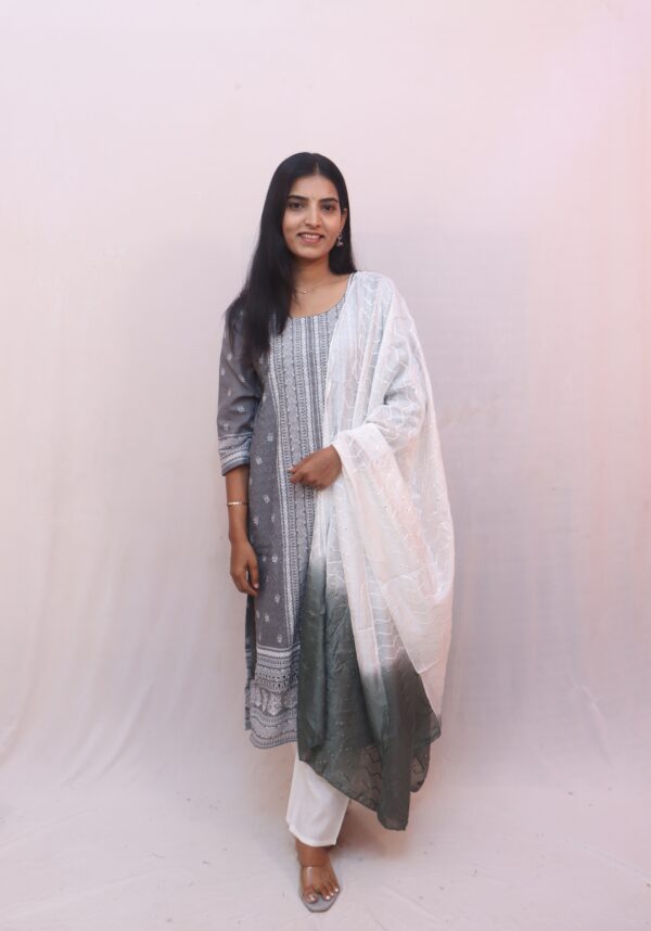 Grey Printed Kurta Set with White Pants & Ombre Dupatta