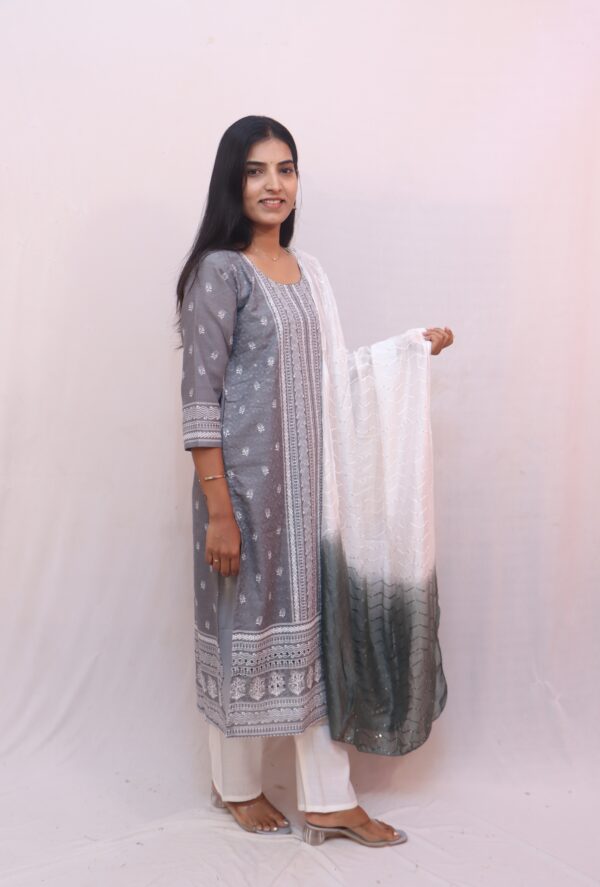 Grey Printed Kurta Set with White Pants & Ombre Dupatta - Image 4