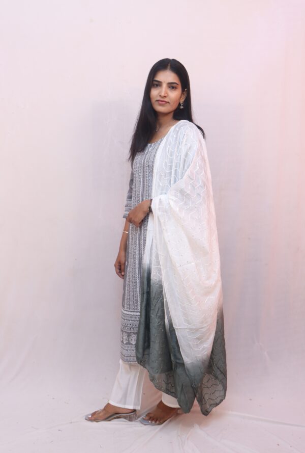 Grey Printed Kurta Set with White Pants & Ombre Dupatta - Image 6