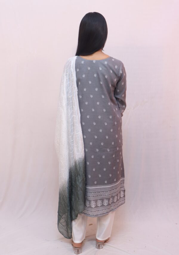 Grey Printed Kurta Set with White Pants & Ombre Dupatta - Image 8