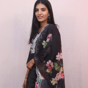 Black Embroidered Ethnic Kurta Set with Floral Dupatta