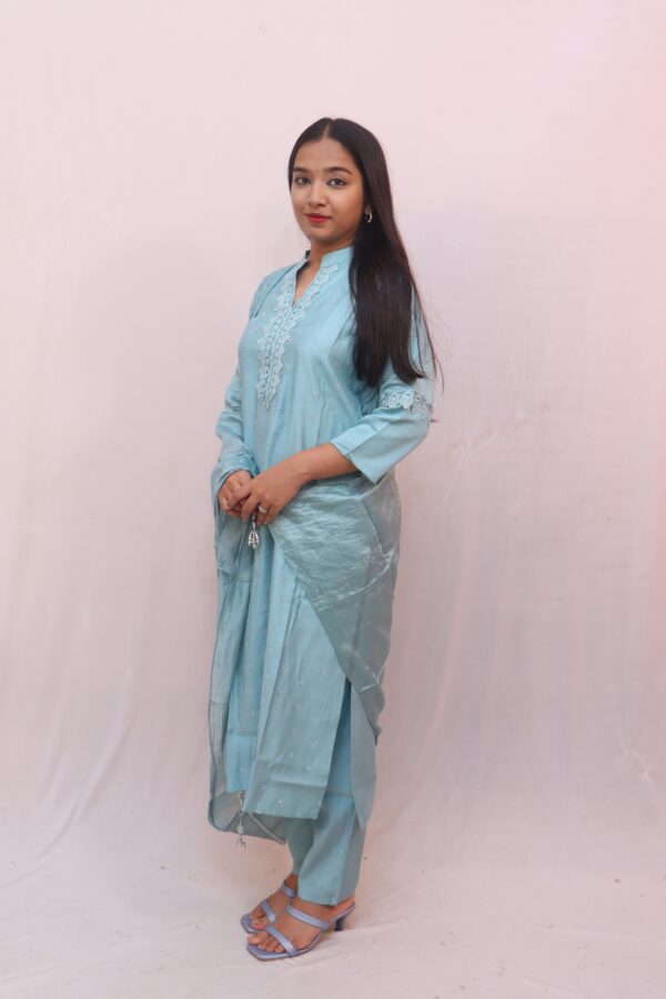 Light Blue Cotton Kurta Set with Dupatta - Image 3