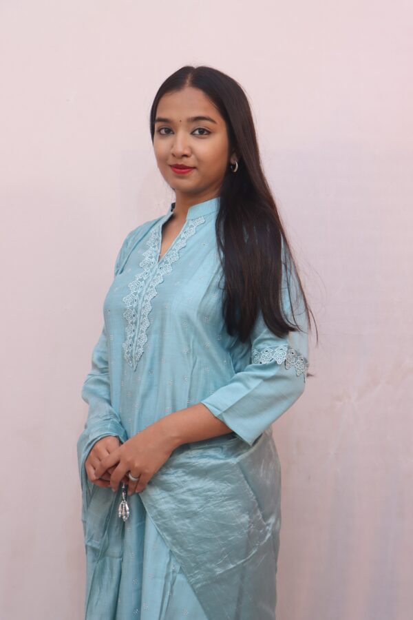 Light Blue Cotton Kurta Set with Dupatta - Image 4
