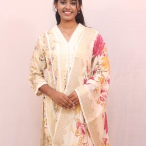 Floral Print Cream Kurta Set with Dupatta