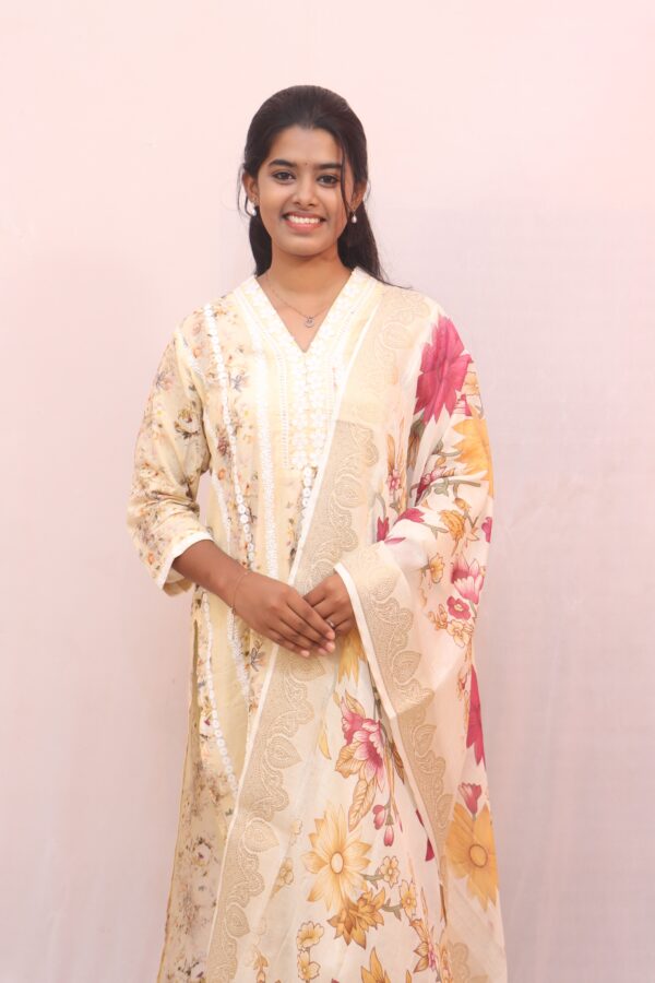 Floral Print Cream Kurta Set with Dupatta