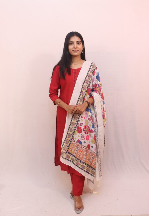 Red Cotton Kurta Set with Printed Dupatta - Image 2