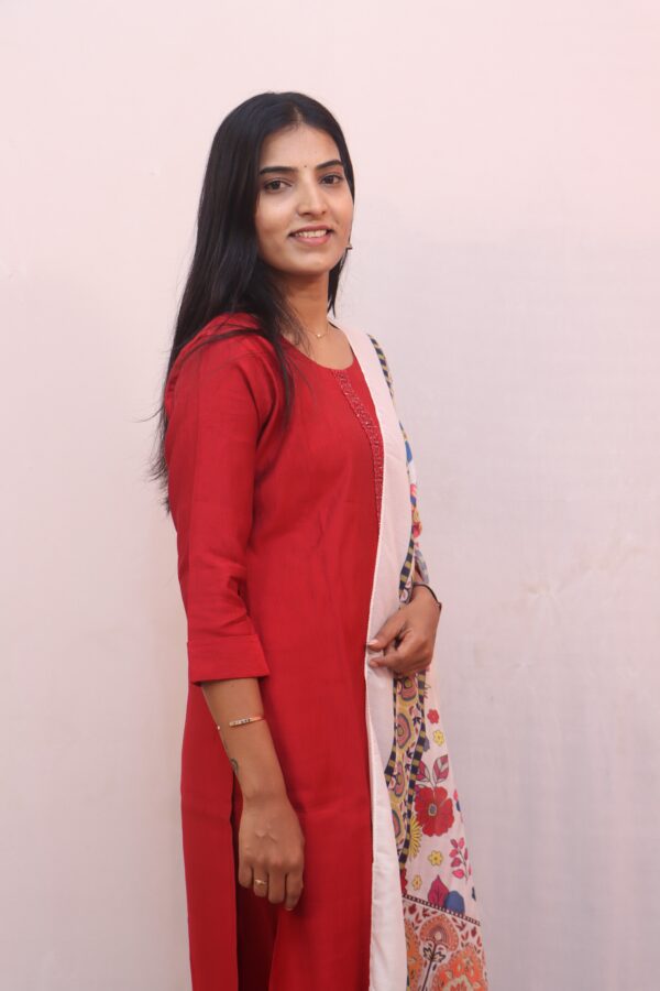 Red Cotton Kurta Set with Printed Dupatta - Image 4