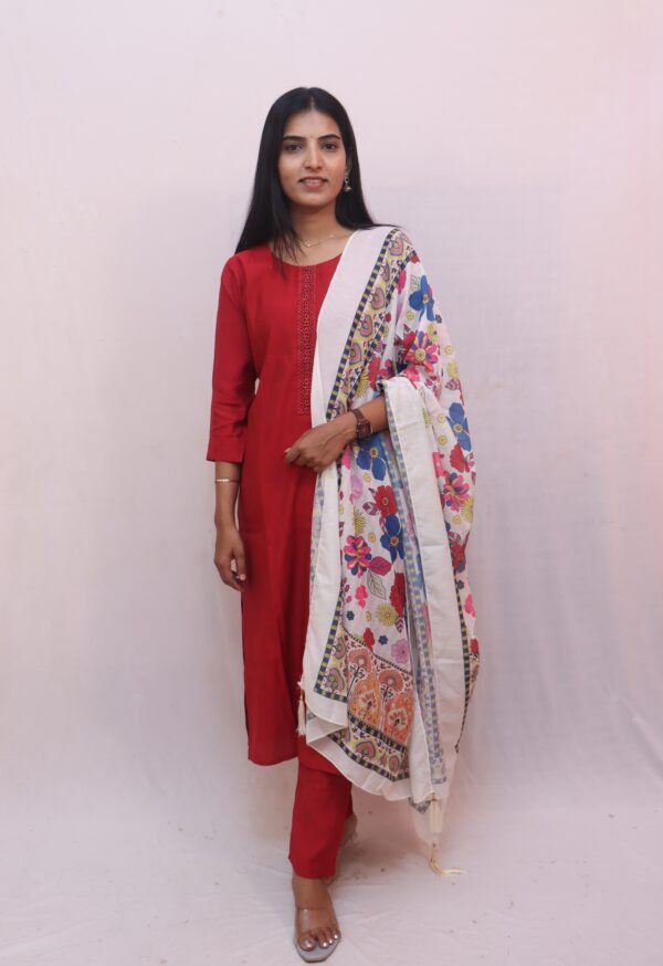 Red Cotton Kurta Set with Printed Dupatta - Image 5