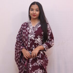 Maroon & White Floral Printed Cotton Suit Set