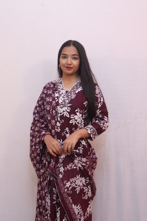 Maroon & White Floral Printed Cotton Suit Set