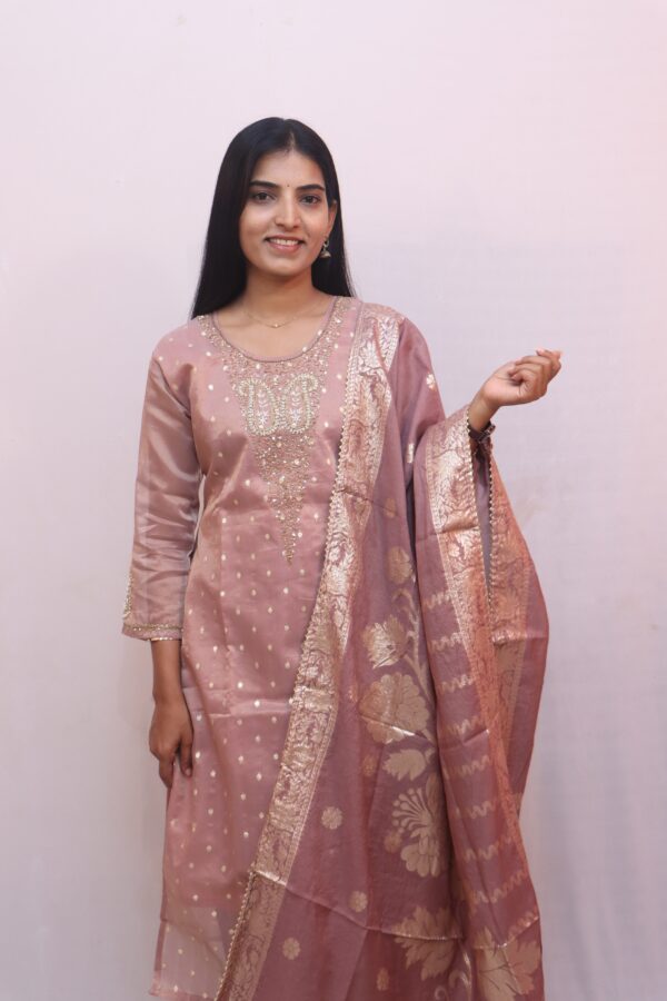 Mauve with Golden Accents sequin embroidery on the neckline - Image 2