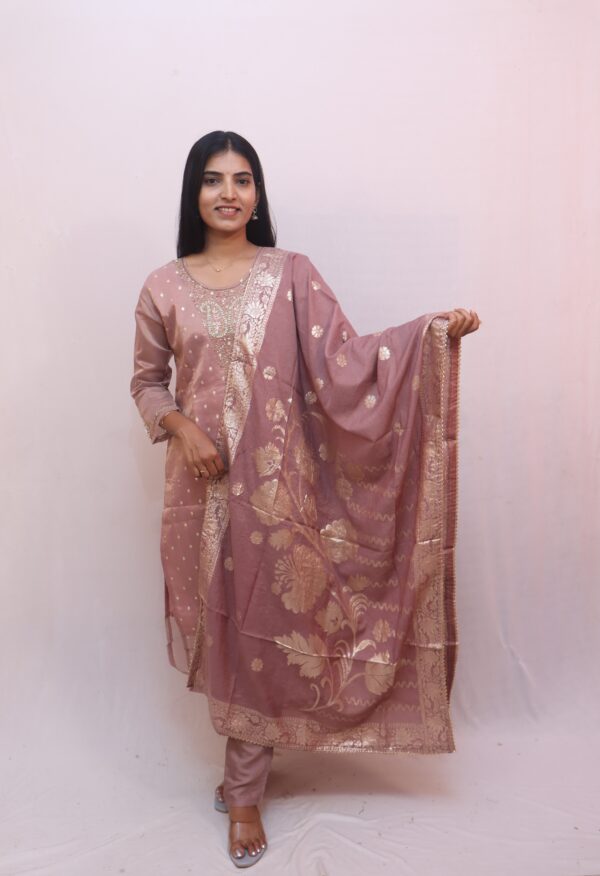 Mauve with Golden Accents sequin embroidery on the neckline