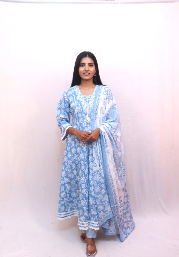 Light Blue Floral Printed Ethnic Suit Set - Image 4